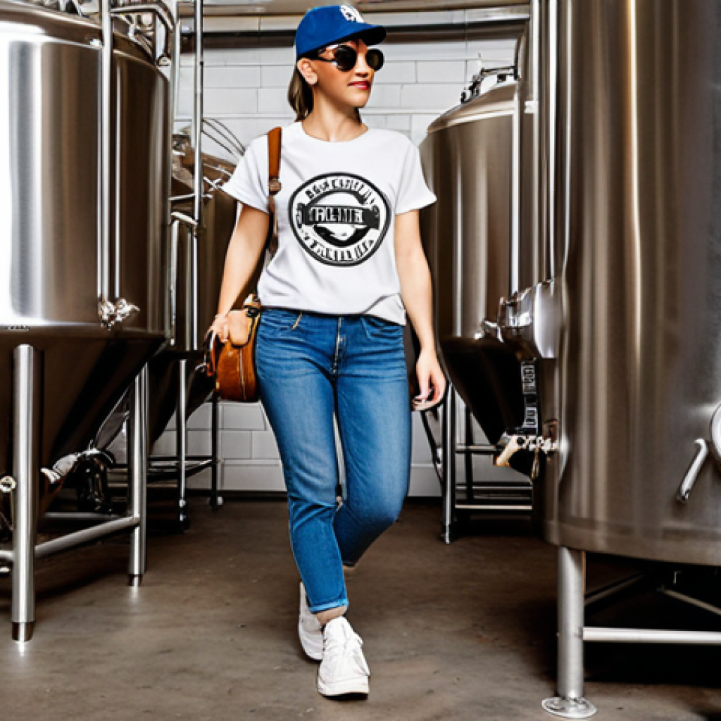 **Image Prompt:** A person on a brewery tour wearing comfortable sneakers, jeans, and a casual T-shirt with a favorite band logo, carrying a crossbody bag. They are wearing a baseball cap and sunglasses. The background shows brewery equipment.