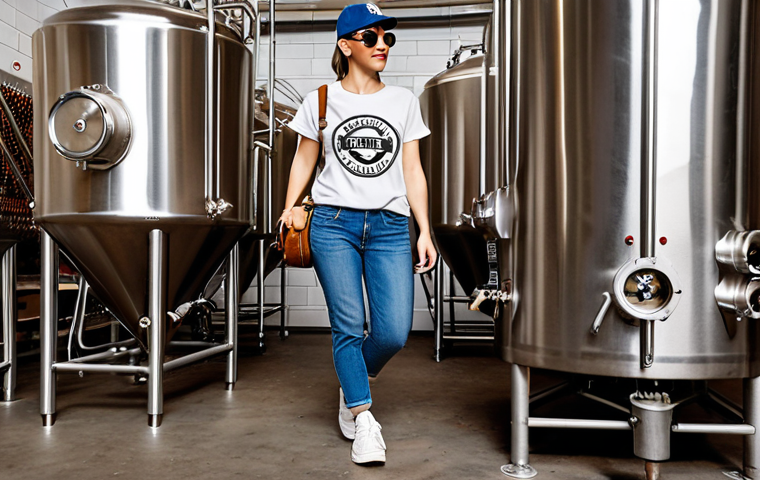 **Image Prompt:** A person on a brewery tour wearing comfortable sneakers, jeans, and a casual T-shirt with a favorite band logo, carrying a crossbody bag. They are wearing a baseball cap and sunglasses. The background shows brewery equipment.