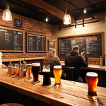 **A cozy brewery taproom scene.** Patrons are enjoying a variety of craft beers. Focus on the atmosphere: warm lighting, wooden furniture, and maybe a chalkboard showcasing beer options. Include details like beer glasses, tasting flights, and happy customers chatting.