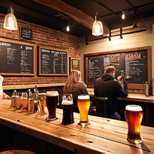 Home 6 **A cozy brewery taproom scene.** Patrons are enjoying a variety of craft beers. Focus on the atmosphere: warm lighting, wooden furniture, and maybe a chalkboard showcasing beer options. Include details like beer glasses, tasting flights, and happy customers chatting.