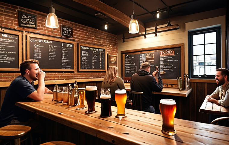 **A cozy brewery taproom scene.** Patrons are enjoying a variety of craft beers. Focus on the atmosphere: warm lighting, wooden furniture, and maybe a chalkboard showcasing beer options. Include details like beer glasses, tasting flights, and happy customers chatting.